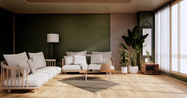 Minimal green Living room.3D rendering stock photo