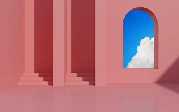 minimaler innenraum mit geometrischer form und pastellfarbe, sonnenlicht werfen den schatten auf die wand mit blauem himmel hintergrund. 3d-rendering. - bogen architektonisches detail stock-fotos und bilder