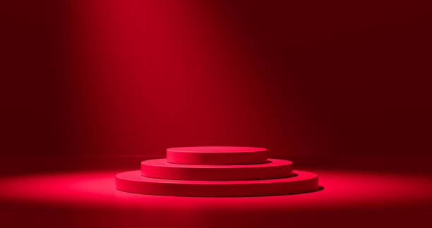 podio rosso minimo per il display del prodotto natalizio. - red spotlight foto e immagini stock