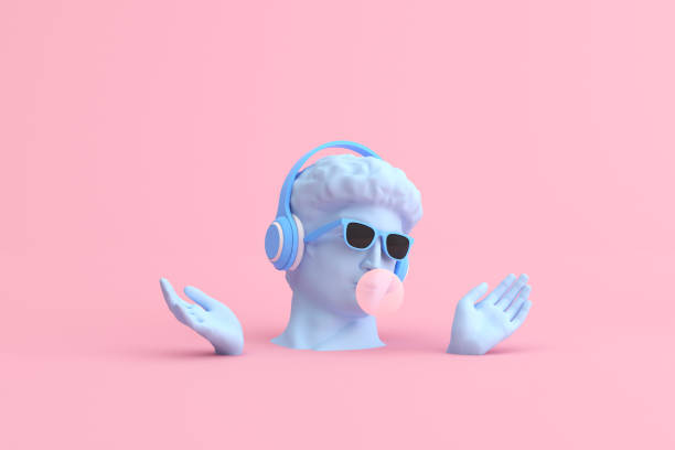 Minimal scene of sunglasses and headphone on human head sculpture, Music concept, 3d rendering. stock photo