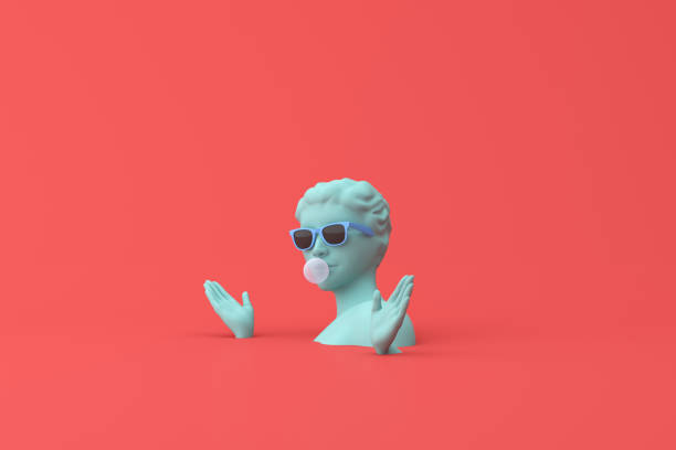 Minimal scene of sunglasses on human head sculpture with bubble gum, 3d rendering. stock photo