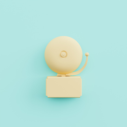 minimalistic beige school bell on pastel blue background in concept of education, back to school and study time. 3d render