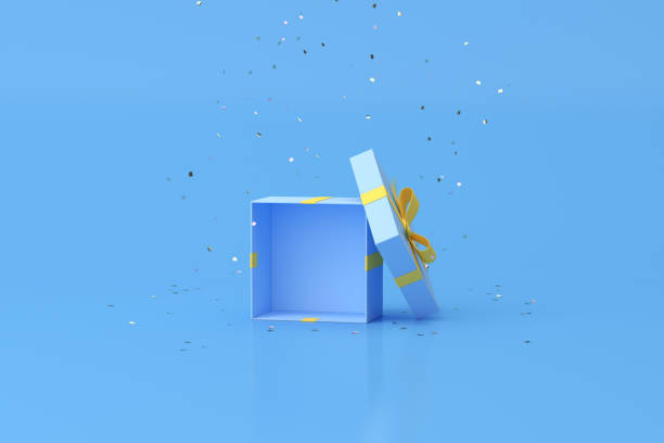 Minimal trendy scene of open gift box on golden confetti particles background, 3D rendering. stock photo