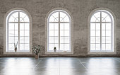 istock Minimalist interior wiht grungy walls and arch windows. Interior mockup, 3d render 1366927539