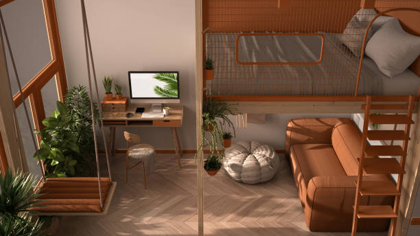 Minimalist studio apartment with loft bunk double bed, swing. Living room with sofa, home workplace, desk, computer. Windows with plants, white and orange interior design, top view stock photo