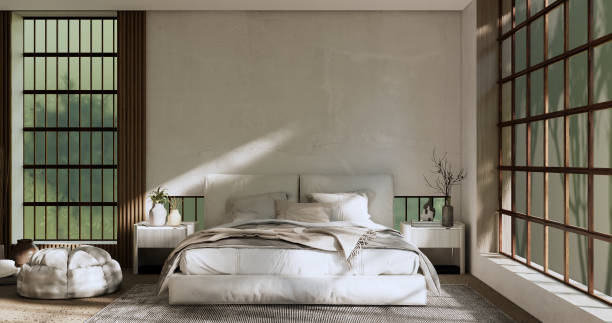 Minimalist wabisabi interior mock up with zen bed plant and decoartion in japanese bedroom. 3D rendering. stock photo