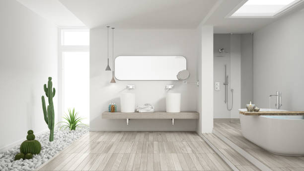 Minimalist white bathroom with succulent garden, wooden floor and pebbles, hotel, spa, modern interior design stock photo