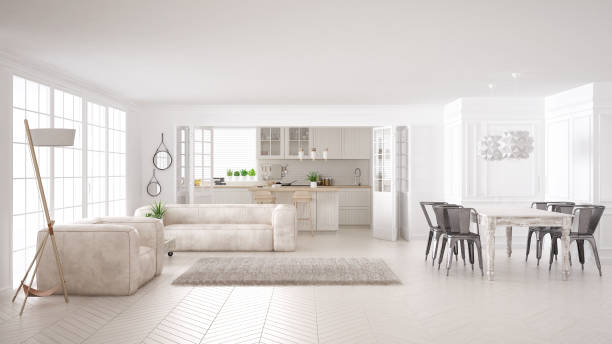 Minimalist white living and kitchen, scandinavian classic interior design stock photo