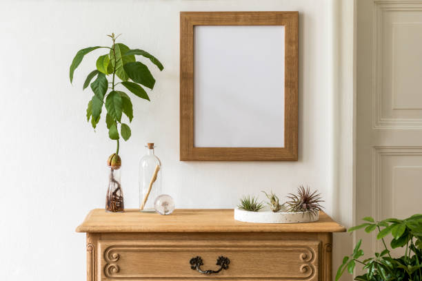 Minimalistic compositon with wooden vintage commode, brown mock up photo frame, avocado plant, air plants and elegant personal accessories. Stylish living room. White walls. Template. Stylish boho interior of living room with design chaise longue,  and elegant personal accessories. Modern home decor. Template. Wabi sabi conepts. korean culture photos stock pictures, royalty-free photos & images