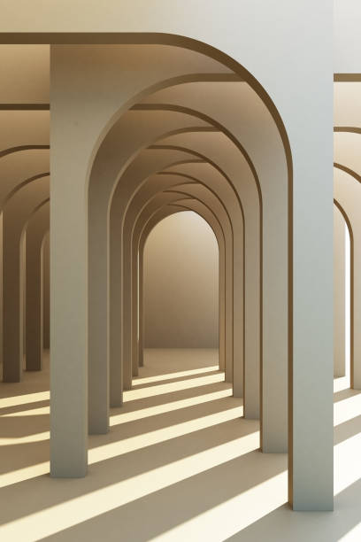 minimalistische, pastell bogen flur architektonischen korridor mit leeren wand. 3d-render, minimal. - bogen architektonisches detail stock-fotos und bilder