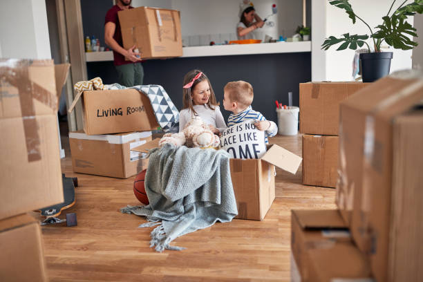 minor caucasian brother and sister, playing in empty cardboard box, happy in new apartment, with their parents in the background stock photo