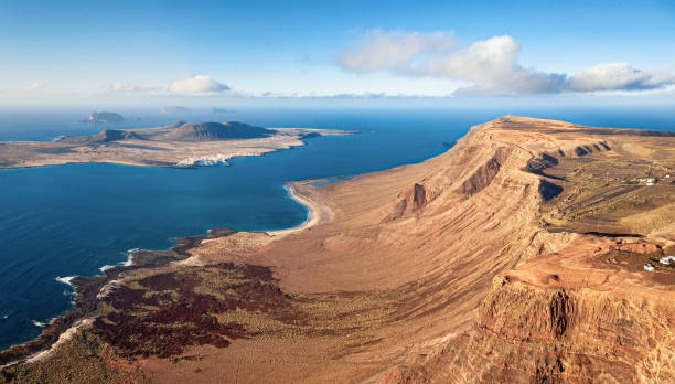 Mirador del Rio viewpoint and La Graciosa island aerial view, Lanzarote, Canary islands stock photo