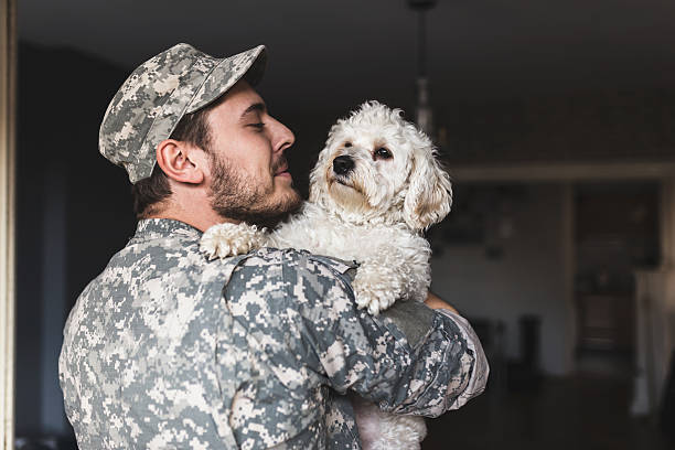 I missed you like crazy. Soldier hugging his dog. Finally home. I missed you like crazy. Soldier hugging his dog. soldiers returning home stock pictures, royalty-free photos & images