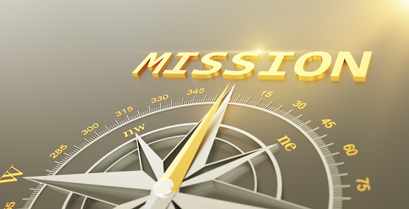 3d render image.  Compass needle pointing the word mission.