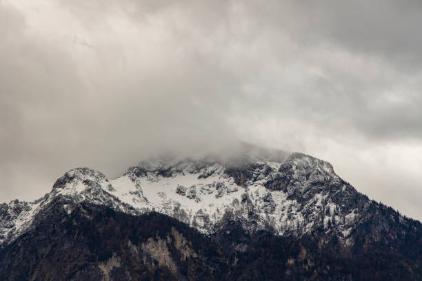 neunter berg stimmungsvolle landschaft landschaftlich betrachten winter einsamen gipfel mit leicht schneedecke und grau bewölktem himmel hintergrund - alpen unscharf winter stock-fotos und bilder