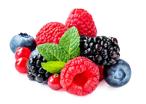 Mix berries with leaf. Various fresh  berries isolated on white background.  Raspberry, Blueberry,  Cranberry, Blackberry and Mint leaves