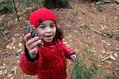 istock Mixed-race little girl picking up fir branch in forest for DIY project. 1286707511