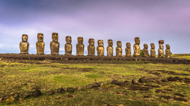 Ahu Tongariki, Easter Island - July 10, 2017: Moai altar of Tongariki, Easter Island stock photo