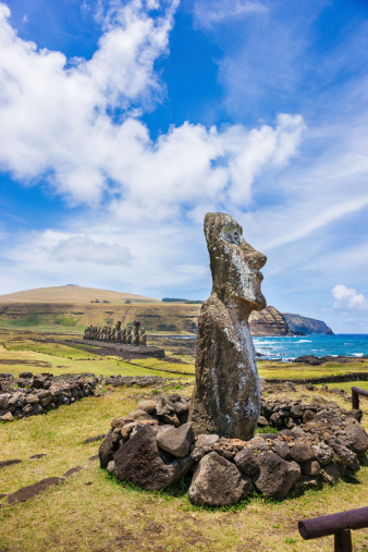 Ahu Tongariki is the largest ahu on Easter Island. Its moai were toppled during the island's civil wars and in the twentieth century the ahu was swept inland by a tsunami. It has since been restored and has fifteen moai including an 86 tonne moai that was the heaviest ever erected on the island.