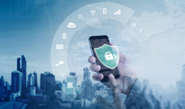 Mobile application and online data security system. Hand using mobile smart phone with lock and application icon stock photo