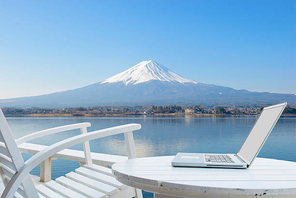 Mobile office at Mount Fuji stock photo