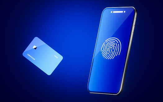 Mobile phone with fingerprint icon and bank card on the blue background, 3d rendering. Computer digital drawing.