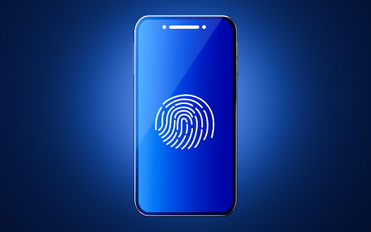 Mobile phone with fingerprint on the blue background, 3d rendering. Computer digital drawing.