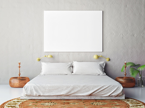 Download Mock Up Blank Poster On The Wall Of Bedroom Stock Photo - Download Image Now - iStock