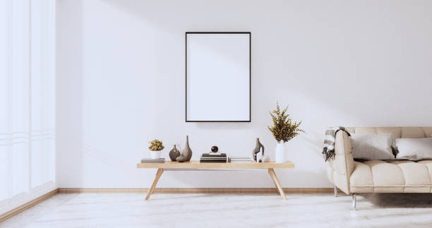 Mock up empty picture frame on the white wall of the room.3D rendering stock photo