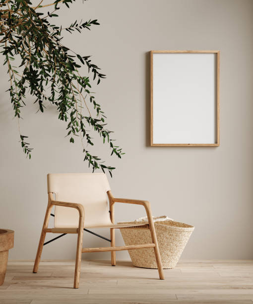 ホームインテリアの背景にフレームをモックアップ、最小限の装飾でベージュルーム - 木製　椅子 ストックフォトと画像