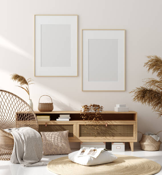 Mock up frame in home interior background, beige room with natural wooden furniture, Scandinavian style Mock up frame in home interior background, beige room with natural wooden furniture, Scandinavian style, 3d render scandinavia stock pictures, royalty-free photos & images