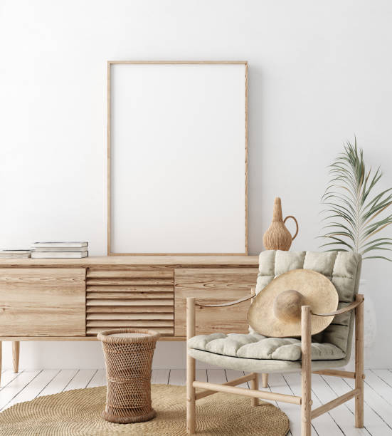 mock up frame in home interior background, white room with natural wooden furniture, scandi-boho style - art no people imagens e fotografias de stock