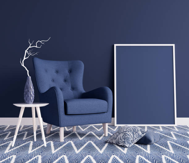 Mock up Living room interior design with blue armchair 3D render stock photo
