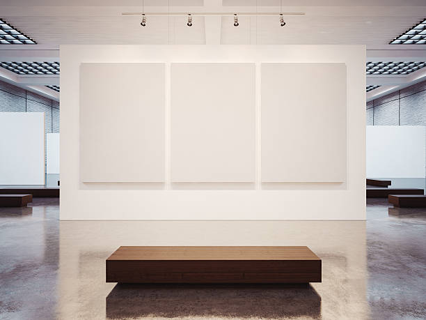 Mock up of empty gallery interior with brown bench. 3d stock photo