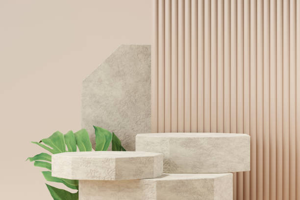 Mock up of stone and small plant forming a product podium, Cosmetic presentation. 3d rendering. stock photo