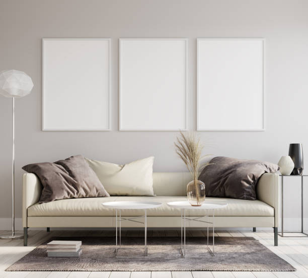 Mock up poster frame, living room, Scandinavian style, 3D render, 3D illustration stock photo