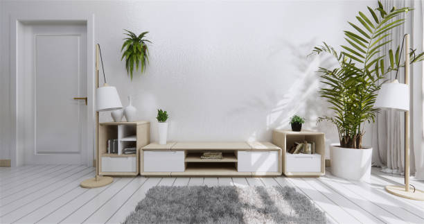 Mock up Tv shelf cabinet in modern empty room and white wall Japanese style. 3d rendering stock photo