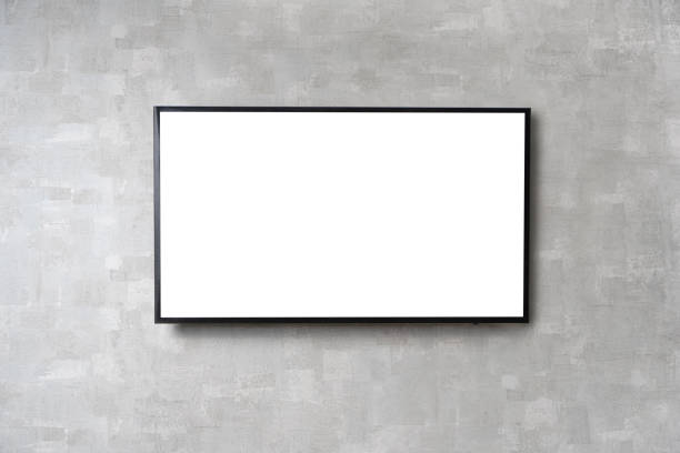 벽에 고정 평면 흰색 화면lcd tv와 tv 모형 배경 - 4k해상도 뉴스 사진 이미지