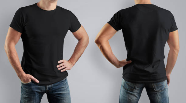 Mockup  black t-shirt on strong man on gray background. Front view and back. stock photo
