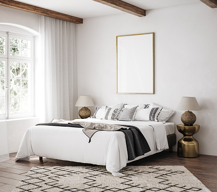 Mockup frame in luxury Hampton style bedroom interior, 3d render