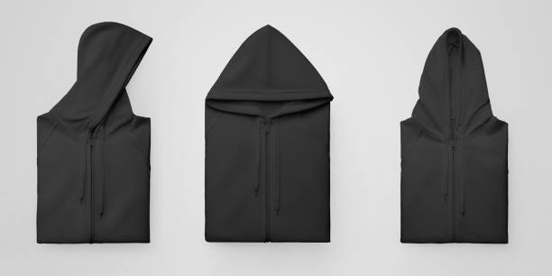 Mockup of black folded hoodie with zipper closure, drawstrings, isolated on background. Set stock photo