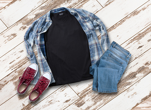 Download Mockup Of Blank Black T Shirt And Jeans Jacket Red ...