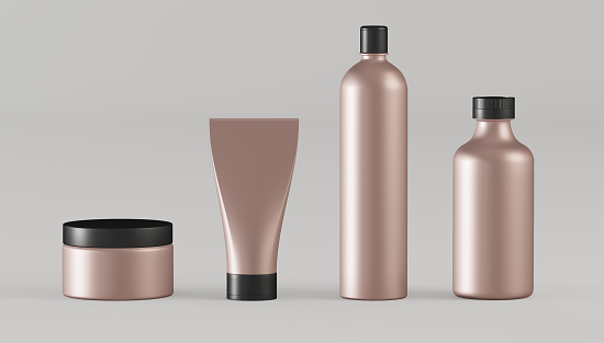 Model of jars and tubes for cosmetics in pink gold with black caps on a light background - 3D illustration