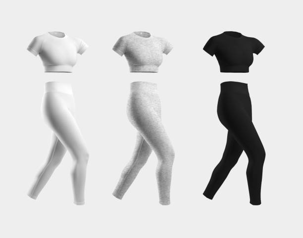 Mockup of white, heather, black compression suit, 3D rendering, crop top, leggings, isolated on background. Set side view stock photo