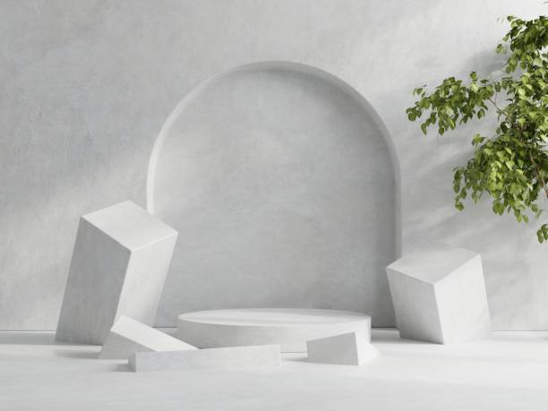 maquette de podium pour la présentation du produit avec fond en béton cube. - fond studio minimaliste beton photos et images de collection