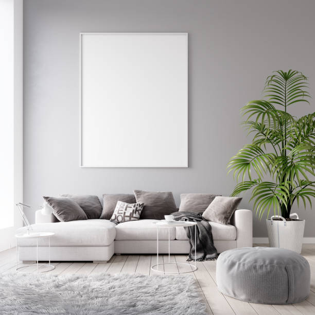 Mockup poster, Living Room, Comfortable Sofa with plant, 3d render, 3d illustration stock photo