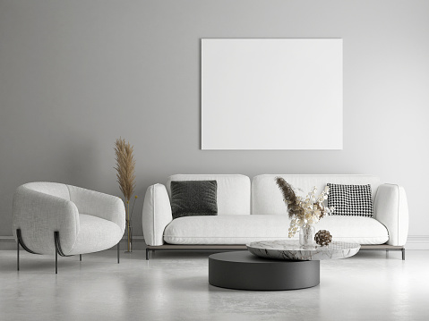 Mockup poster, living room design with gray background wall, 3d render, 3d illustration.