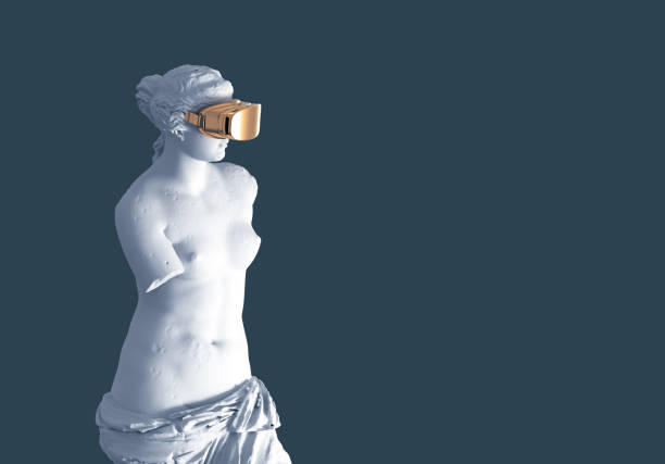 3D Model Aphrodite With Golden VR Glasses On Blue Background. Concept Of Art And Virtual Reality. stock photo