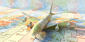 istock Model Of A Passenger Aircraft Formed From A World Map 1324065882