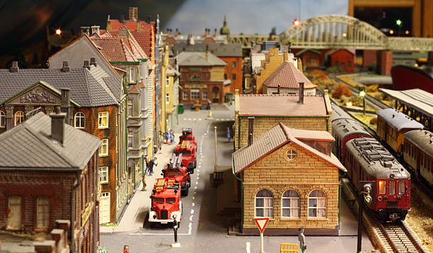 Model railroad layout with fire engines stock photo